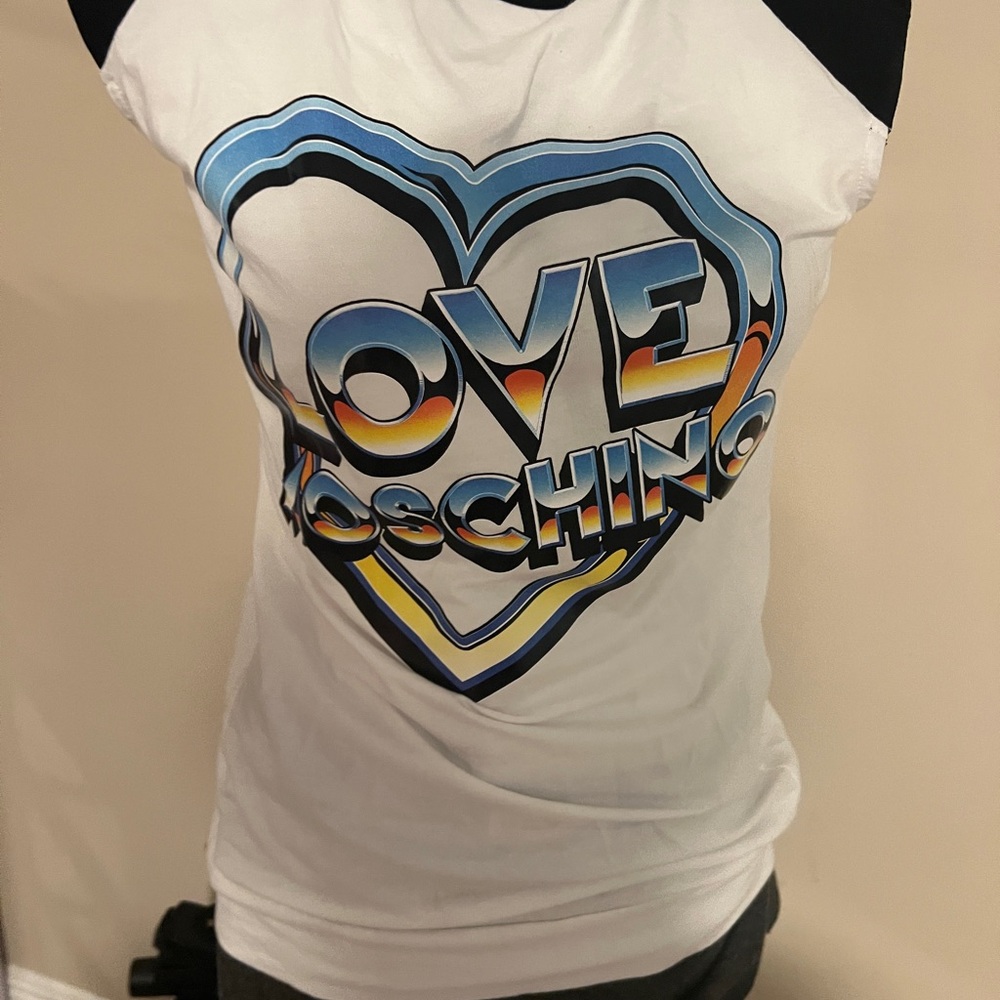 Moschino White Tank with Blue and Yellow Gradient Heart Logo